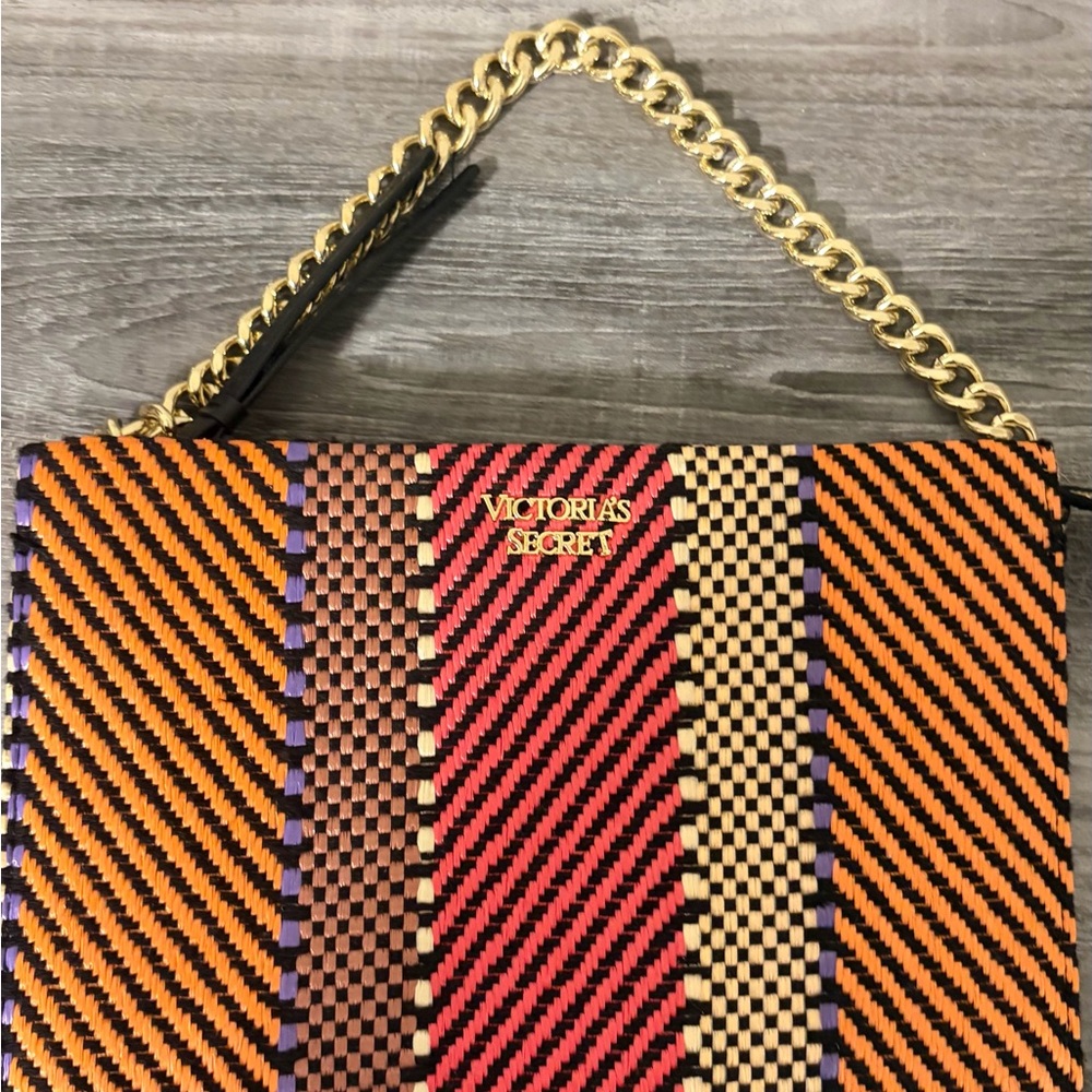 Victoria's Secret Orange Pink Tan Striped Chain-Handle Wristlet
